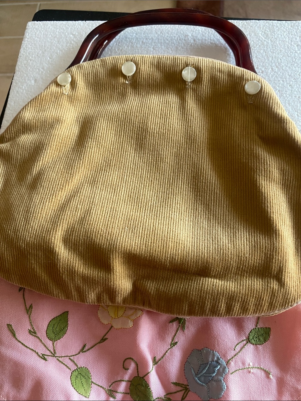 Vintage Women’s Corduroy Handbag with Tortoiseshell Handle